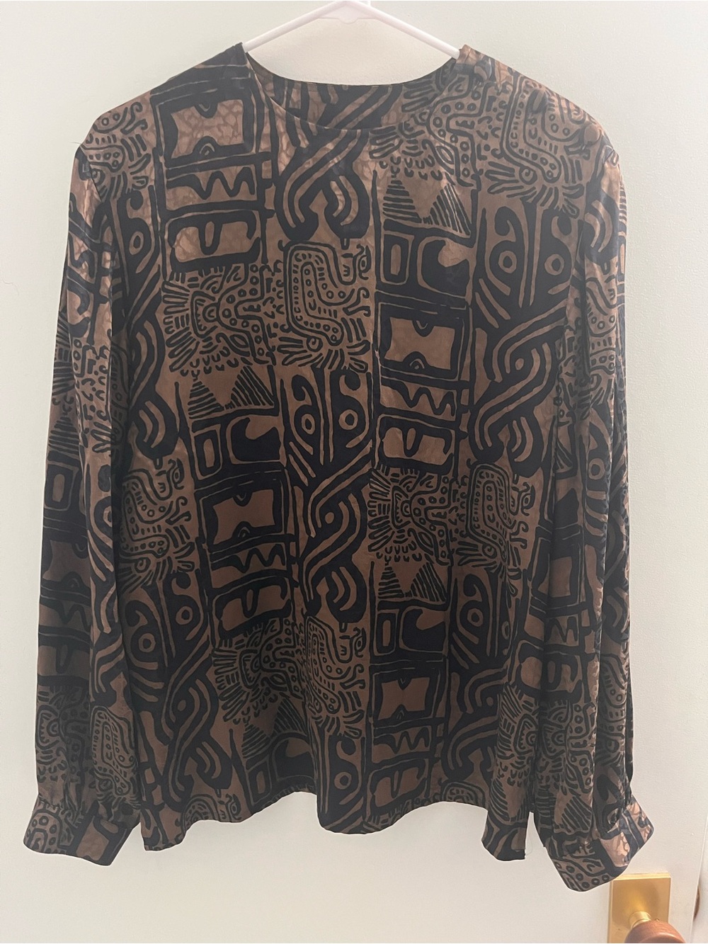 Ann May 100% Silk Vintage Brown & Black Graphic Print Long Sleeved Blouse